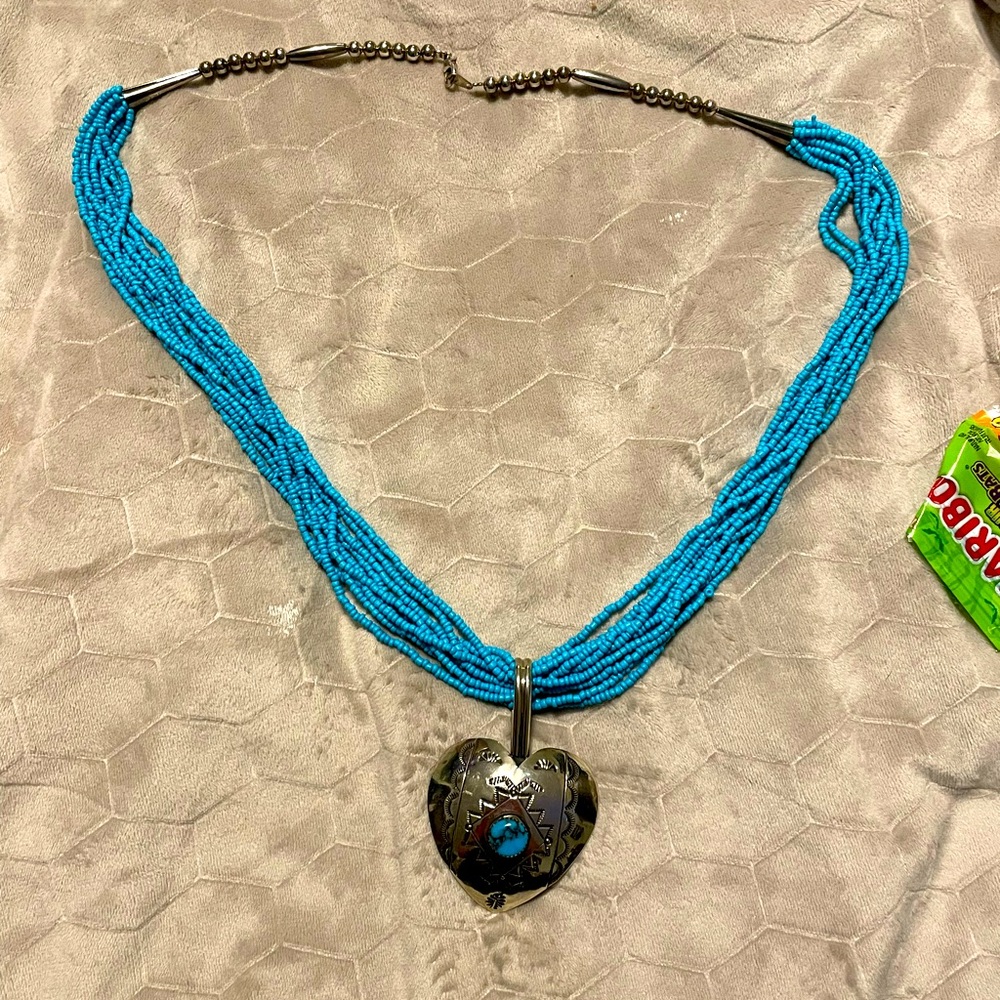 Signed Native American sterling silver @ turquoise necklace